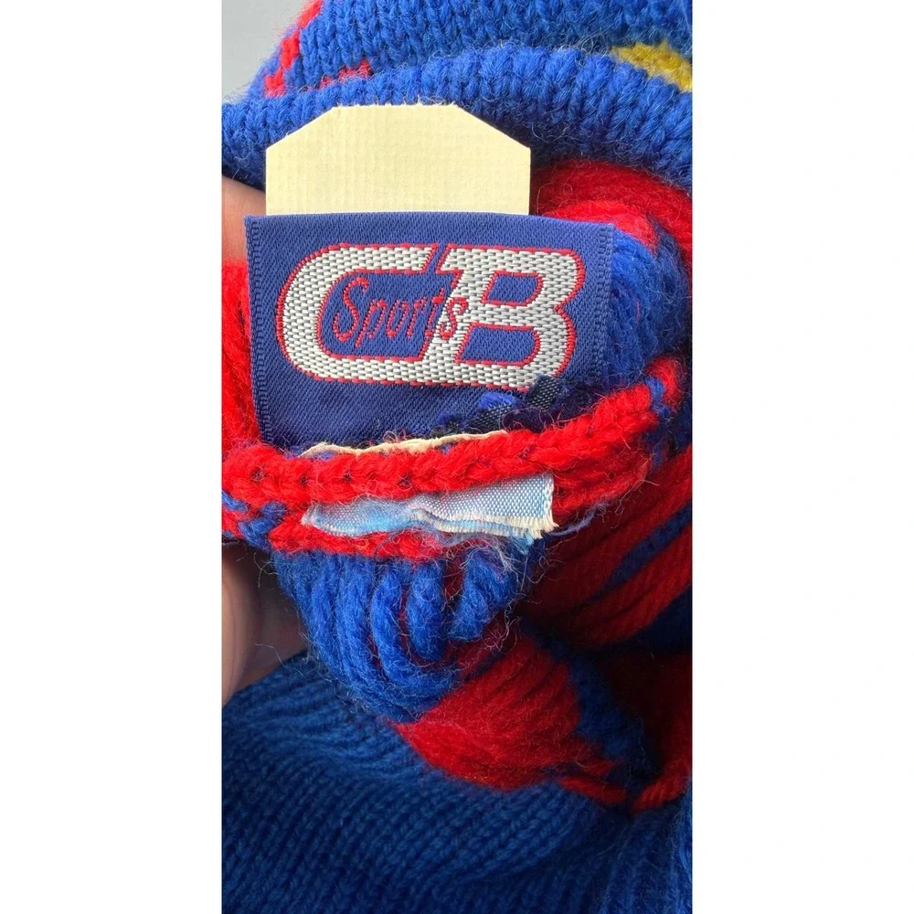 Vintage Beanie Ski Hat 100% Wool Knit Pom Pom Blue Red Yellow Winter Cap